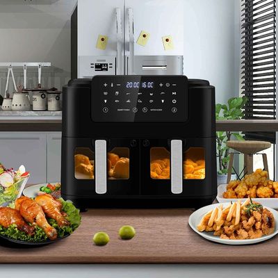 Friggitrice a aria a doppia zona senza olio 9L grande per la famiglia con 2 cassetti 10 preset 2400W basso contenuto di grassi