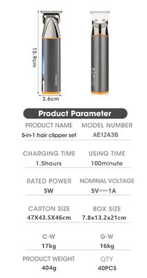 Clipper elettrico multifunzione 5 in 1 con batteria da 1200 mAh e garanzia di 1 anno per la ricarica rapida e tagliacapelli lavabile per tutto il corpo